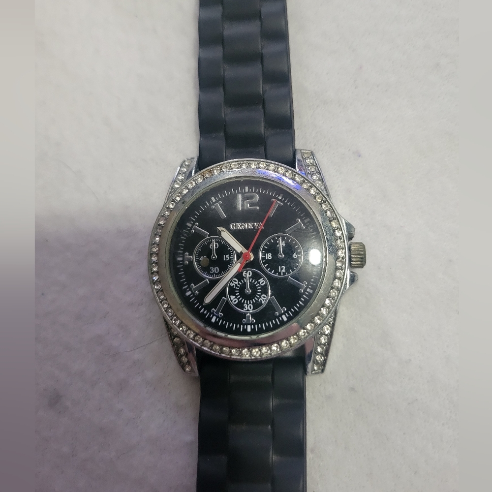 Geneva Watch with black rubber band and rhinestones